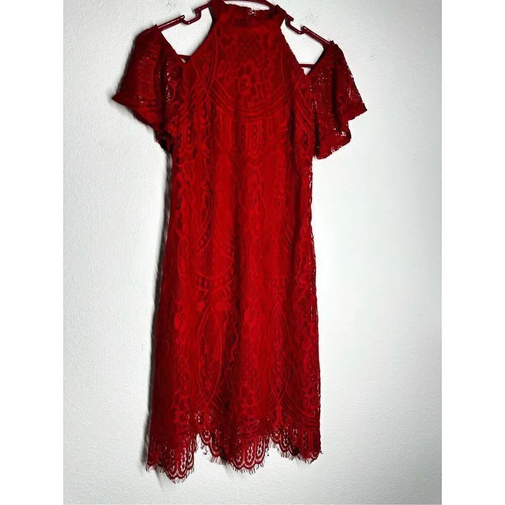 Love,Fire Women’s Bohemian Cold-Shoulder Lace Shift Red Dress Zipper Lined Sz S